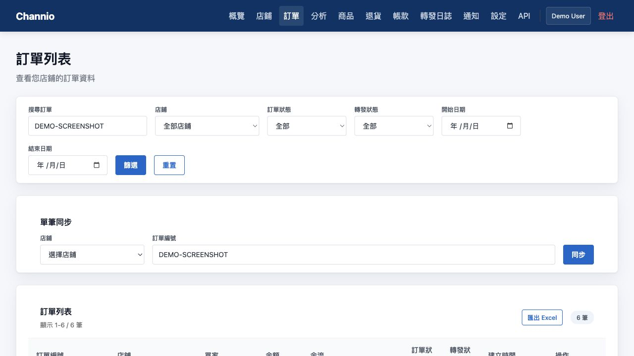 Channio 後台截圖，展示訂單列表、篩選與單筆同步操作。
